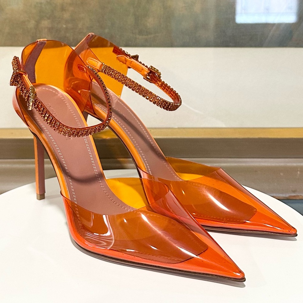 🌹AMINA MUADDI🌹Ursina Crystal-embellished Pvc Leather Pumps In Orange Size: 37 - Picture 6 of 13